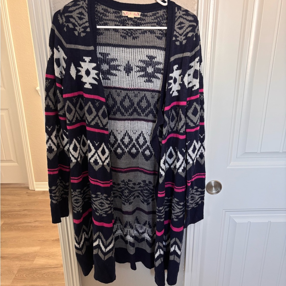 It's Our Time Navy and Pink Geometric Cardigan